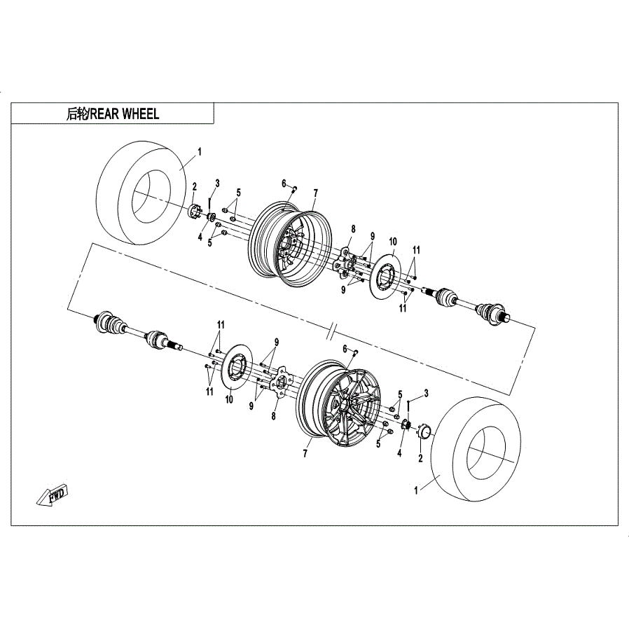 An Image of a genuine CFMOTO Parts Schematic Diagram showing the group - REAR WHEEL - 2019 CFMOTO CFORCE 800 XC