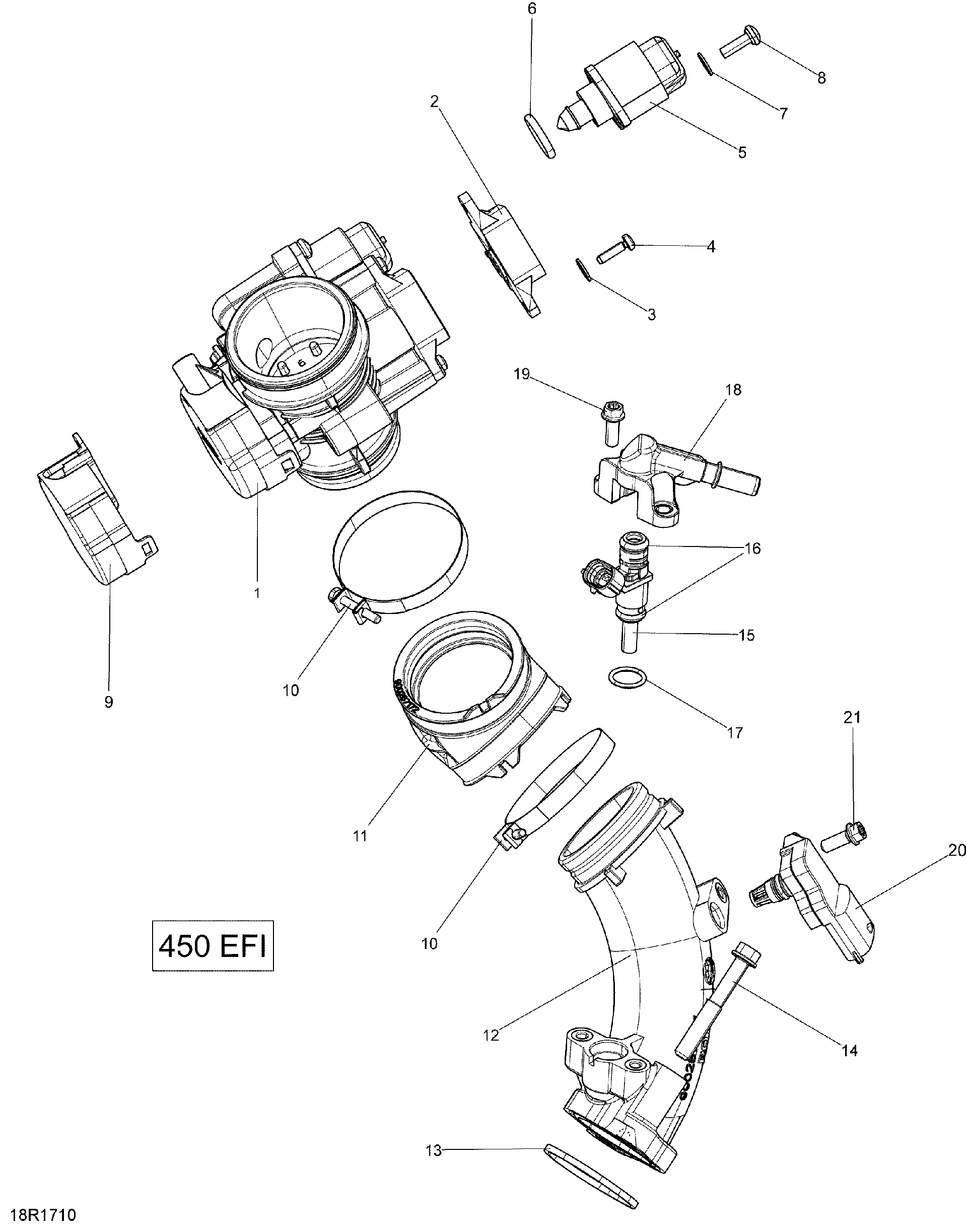 An Image of a Genuine Can-Am Parts Schematic Diagram showing the schematic - ROTAX - AIR INTAKE MANIFOLD AND THROTTLE BODY
