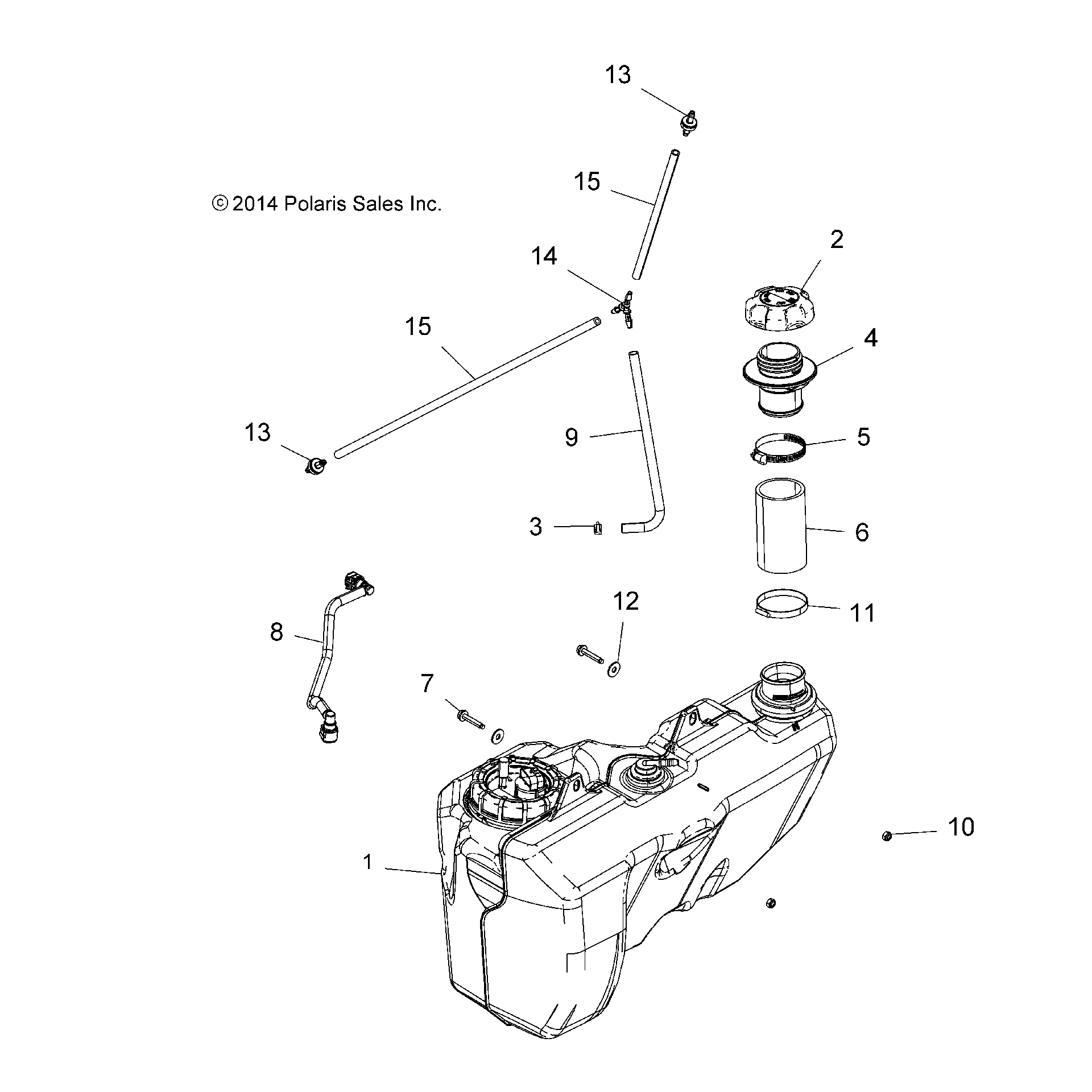 An Image of a Genuine Polaris Parts Schematic Diagram showing the schematic - BODY: FUEL TANK - 2016 POLARIS SPORTSMAN TOURING 850 SP