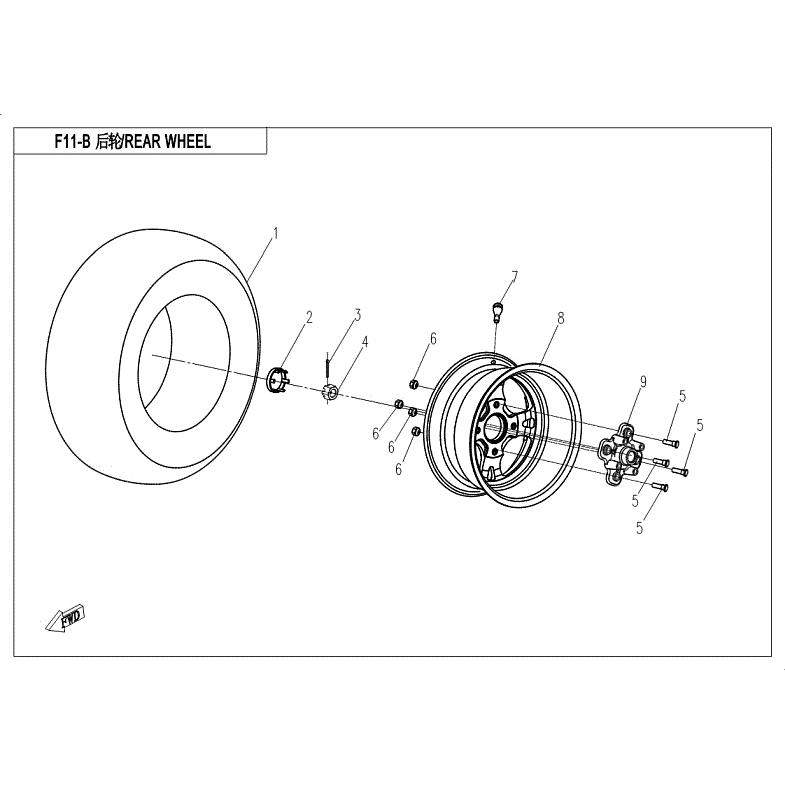 An Image of a Genuine CFMOTO Parts Schematic Diagram showing the schematic - REAR WHEEL - 2018 CFMOTO UFORCE 800