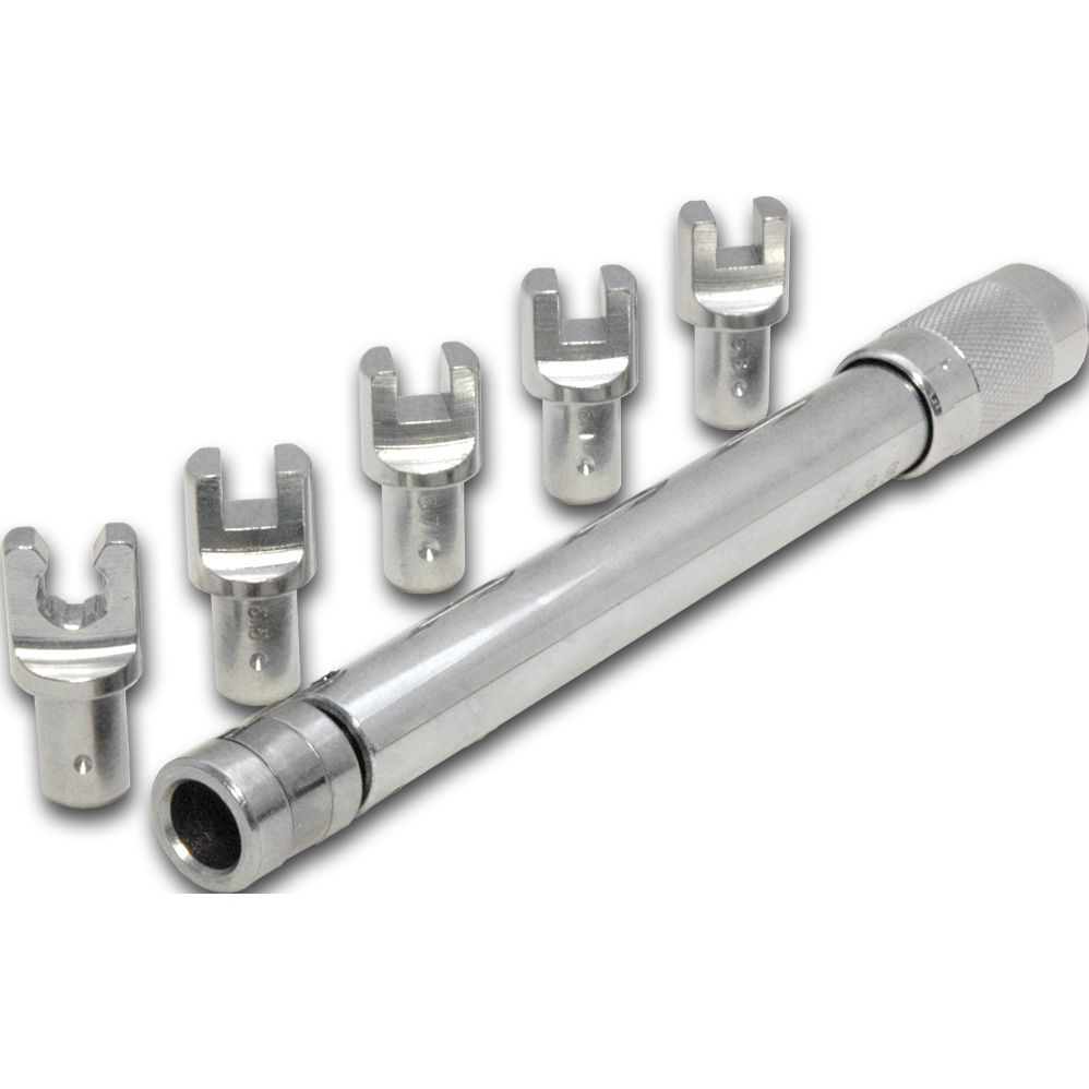 The Adjustable Torque Spoke Wrench Head 6.9mm by RK Excel includes six silver S45C high carbon steel heads, arranged in a row, with a metal ratcheting handle placed diagonally in front on a white background.