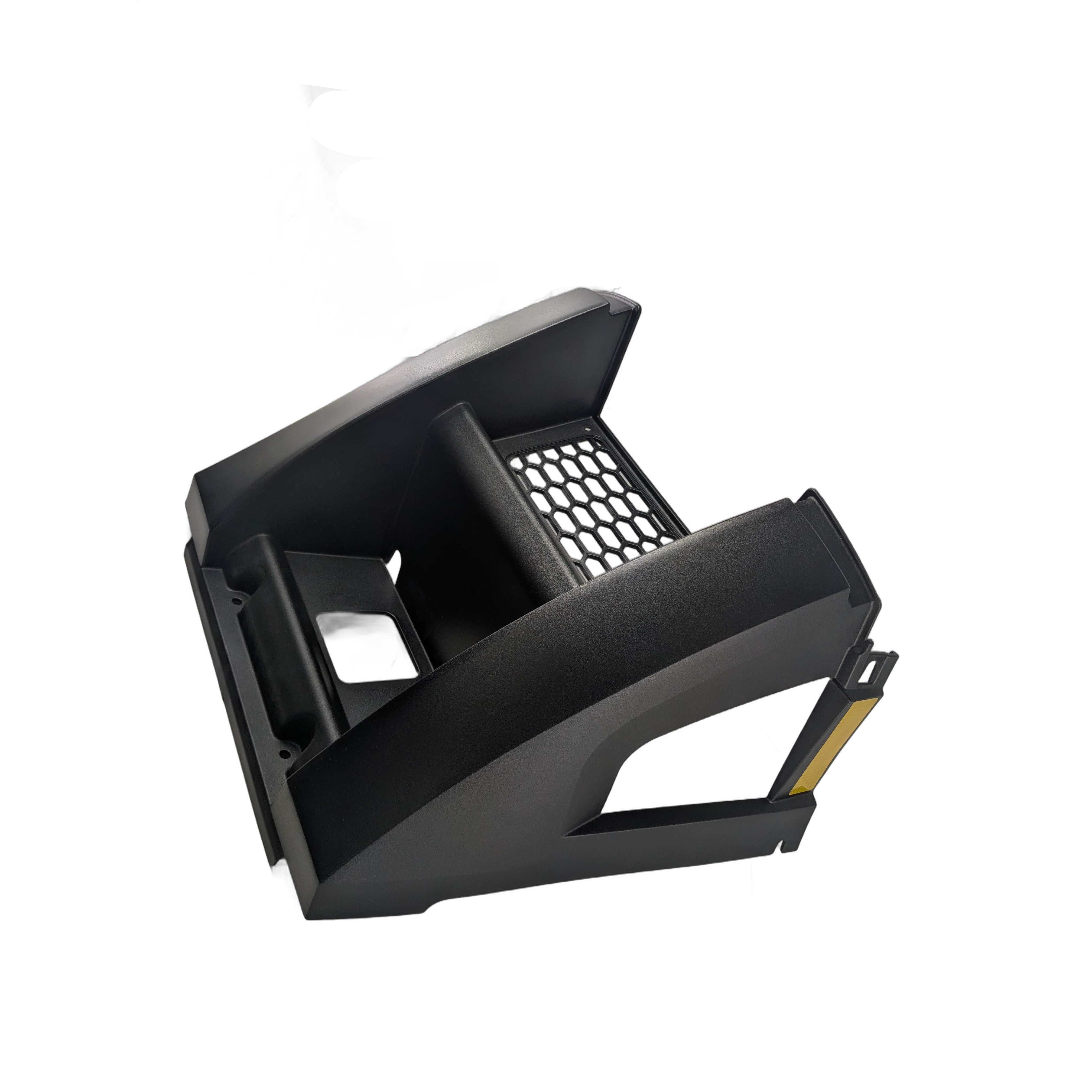 The Arctic Cat Fascia, Lower - Front is a black plastic automotive part with curved panels, a cut-out section, and a honeycomb-patterned vent—perfect as an OEM or off-road ATV replacement. Photographed on a white background.