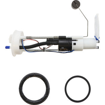 White and black cylindrical Polaris fuel pump module with attached wiring and metal fuel level float arm, plus two black.