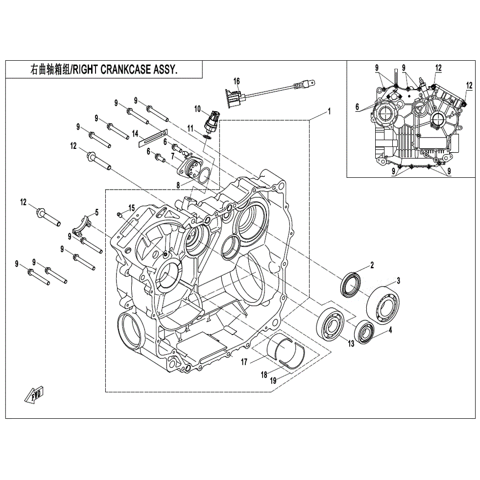 An Image of a Genuine CFMOTO Parts Schematic Diagram showing the schematic - RIGHT CRANKCASE ASSY. - 2022 CFMOTO ZFORCE 500