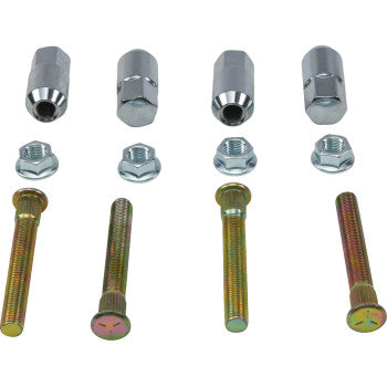The Polaris RZR Wheel Stud Nut Kit Front by Moose Offroad includes four metallic lug nuts, four hex nuts, and four gold-toned bolts arranged in rows—ideal for your wheel rebuild kit. Lug nuts are at the top, hex nuts in the middle, bolts at the bottom.