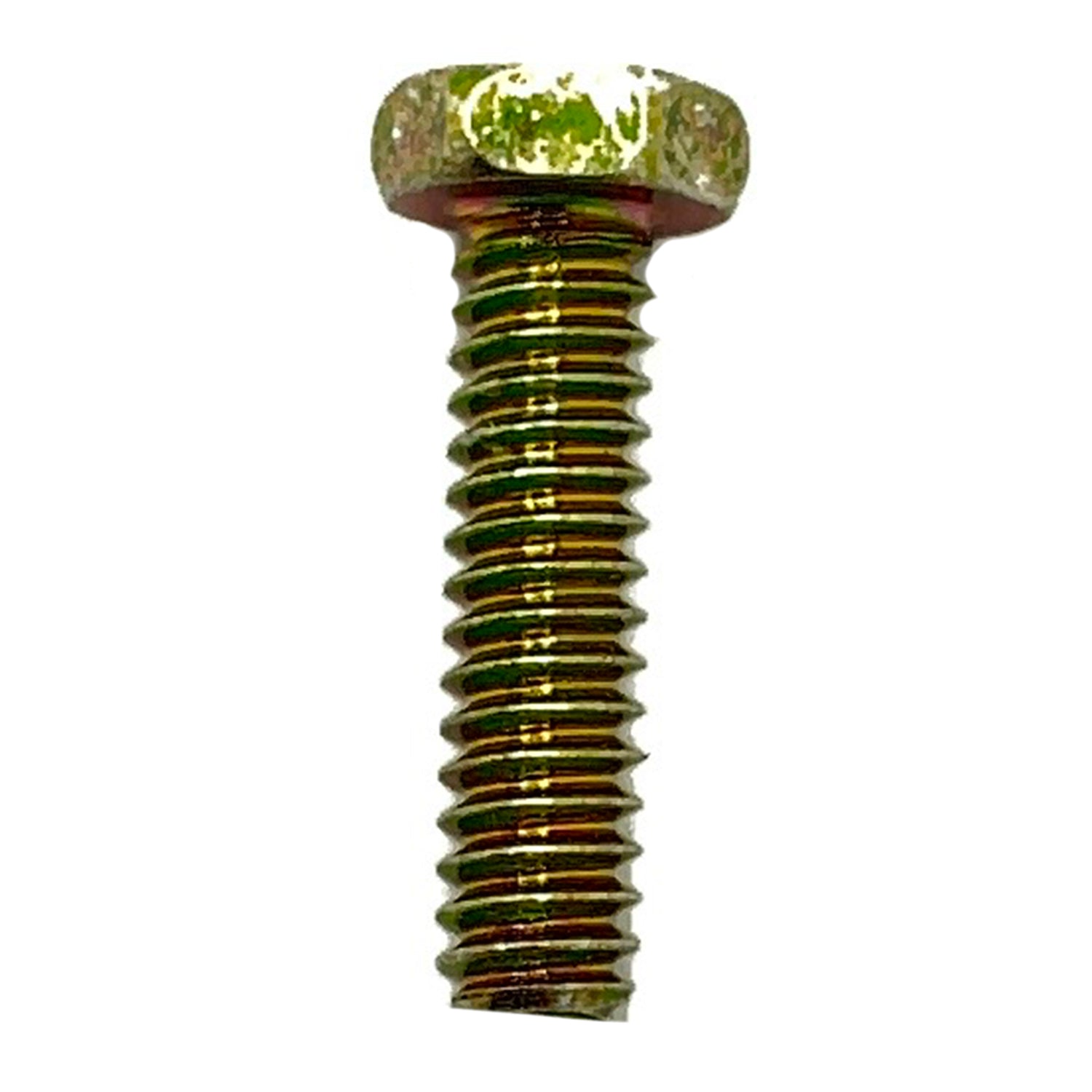 Gold-toned metal hex-head screw with fully threaded shaft.
