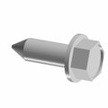 Metallic silver hex head screw with pointed tip and flat washer-like flange.