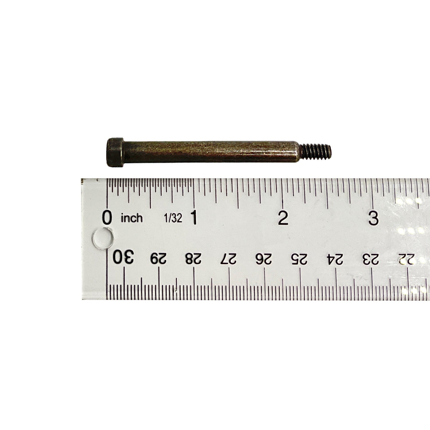 Metal shoulder bolt with threaded end, about 2.5 inches long, next to a white ruler.