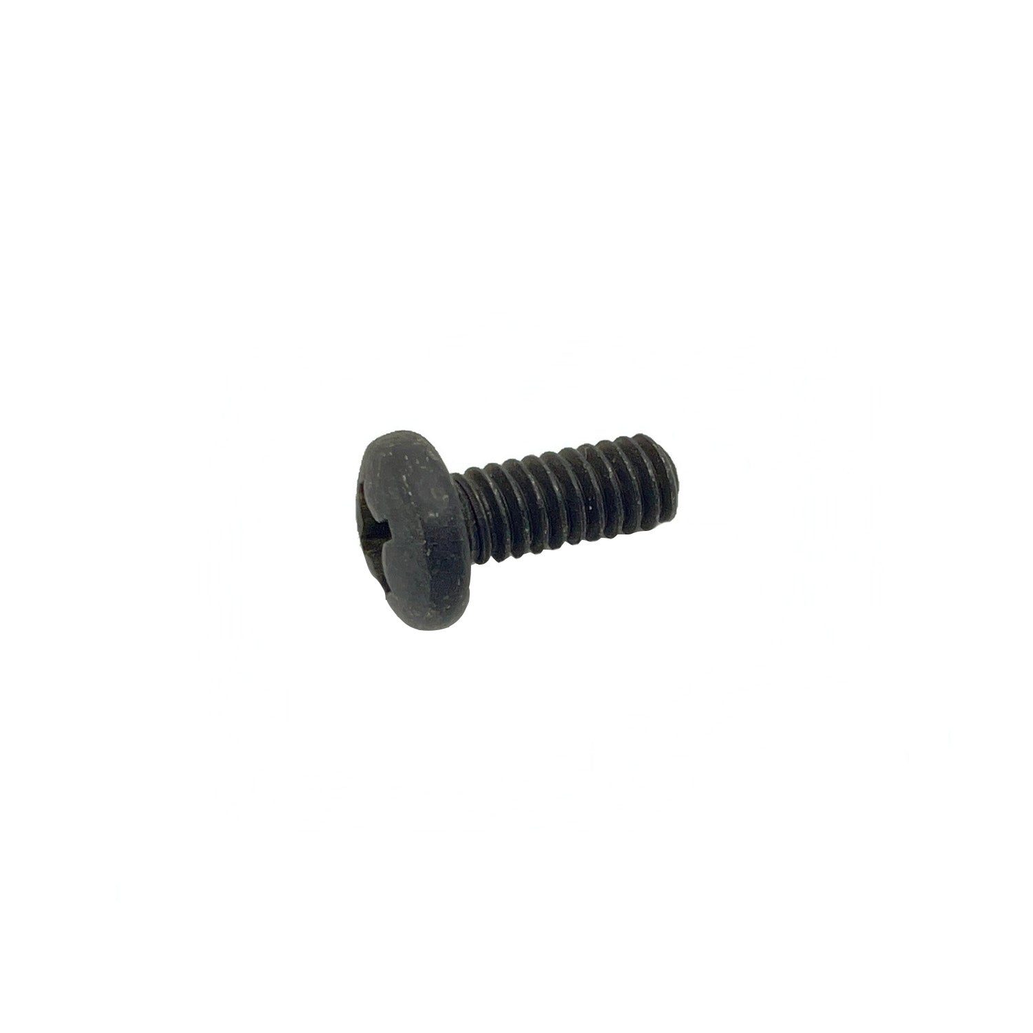 Black metal bolt with flat, rounded head and threaded shaft.