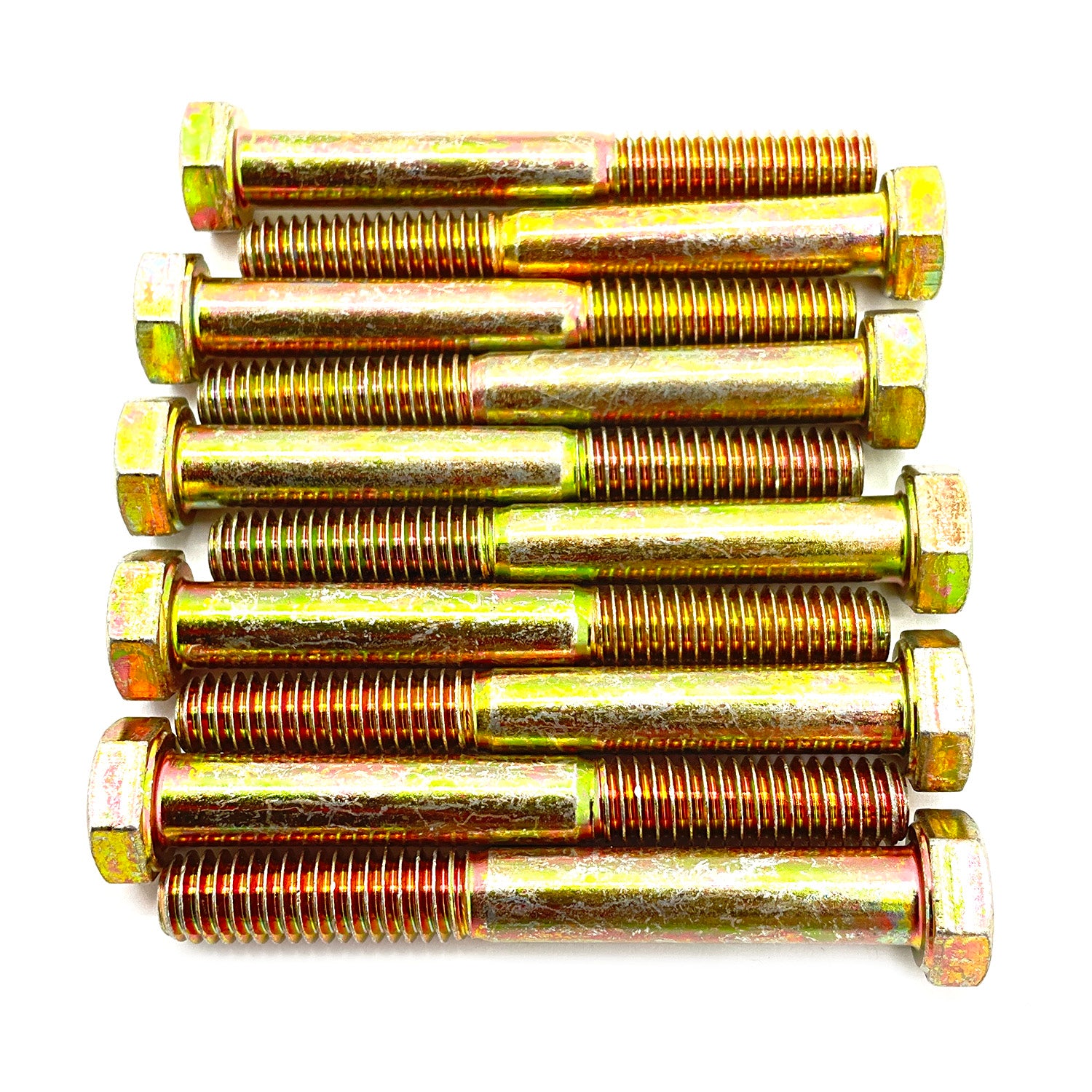 Set of eight gold-tone hex head bolts with threaded shafts arranged parallel on white background.