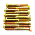 Set of eight gold-tone hex head bolts with threaded shafts arranged parallel on white background.