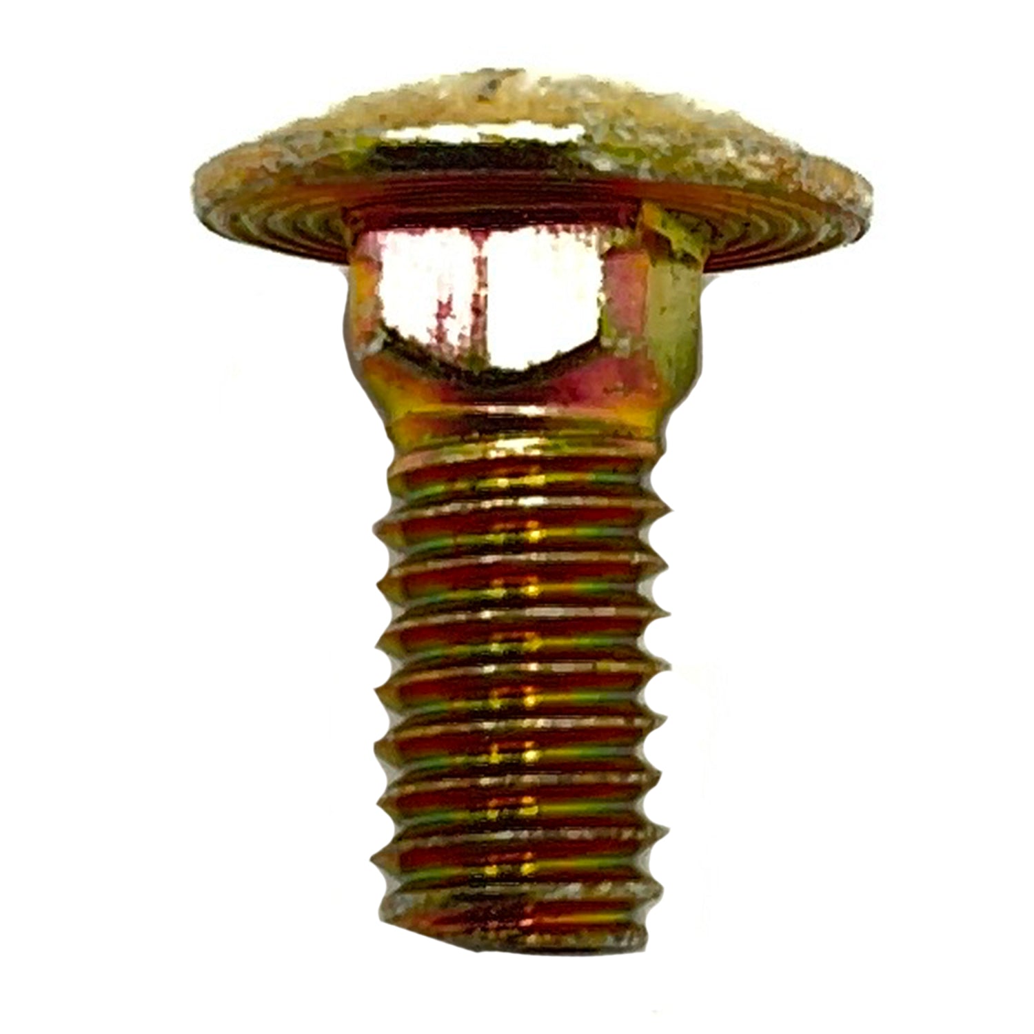 Yellow zinc-coated steel carriage bolt with round, serrated neck and threaded shaft.