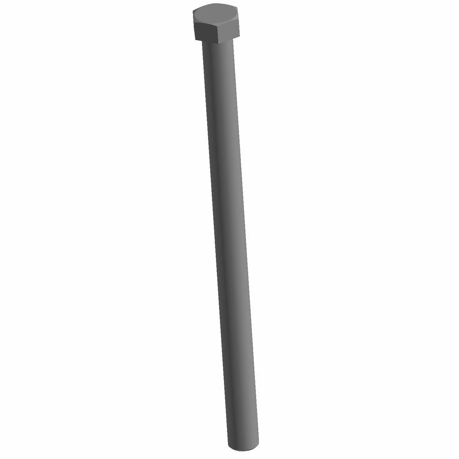 Long black metal bolt with hexagonal head and smooth cylindrical shaft.