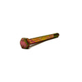 Long hex bolt with a slightly rusted, yellowish-gold metal finish and worn red paint on the head.