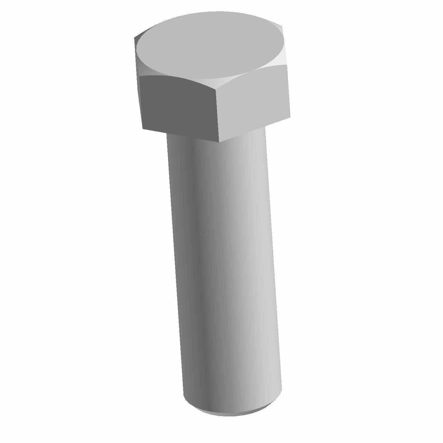 Silver hex head metal bolt with smooth cylindrical shaft and flat bottom end.