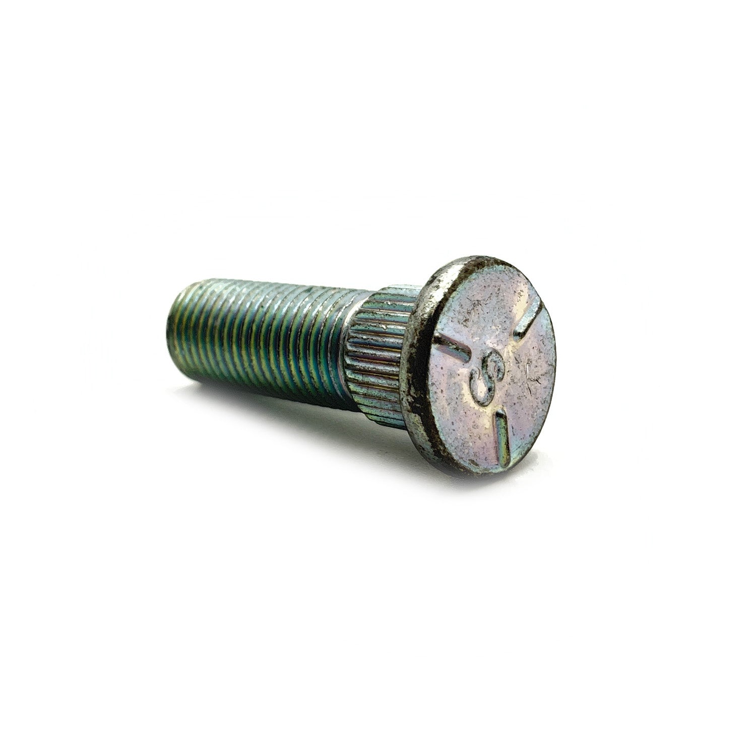 Metal threaded stud bolt with knurled collar and flat head marked with numbers and lines.