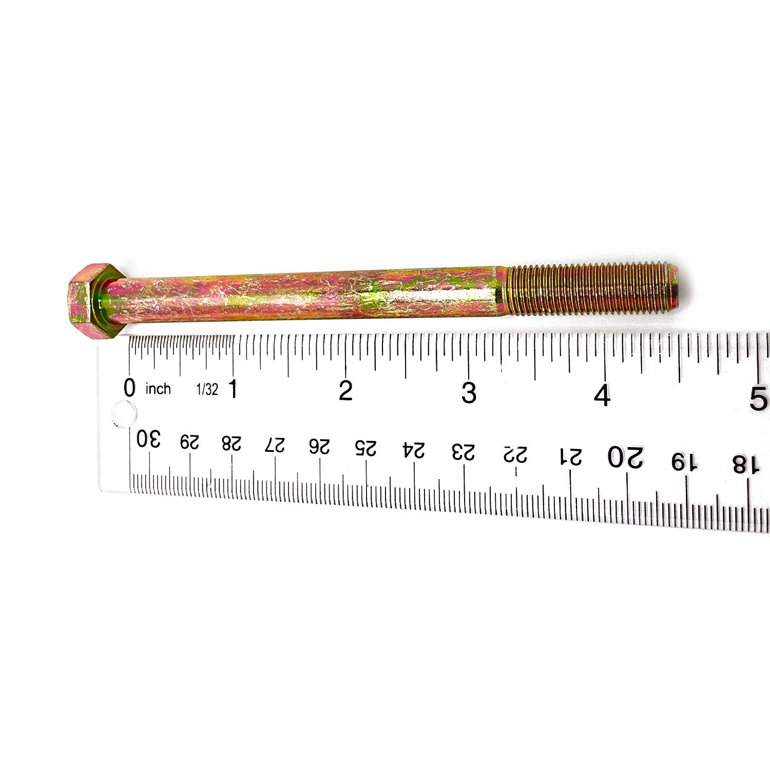 Hex head bolt with threaded shaft, gold zinc finish, about 3.5 inches long next to white ruler.