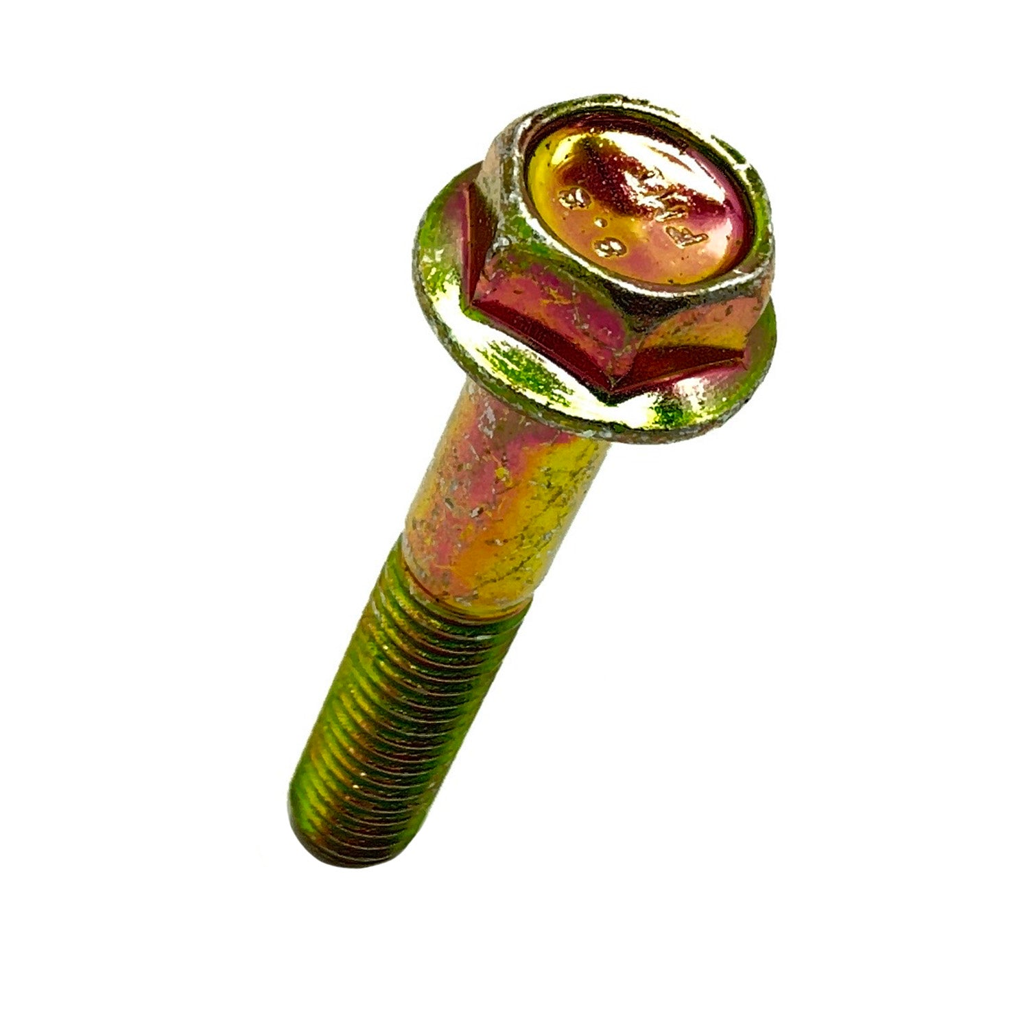 Gold-toned metal bolt with integrated hex flange head and partially threaded shaft.