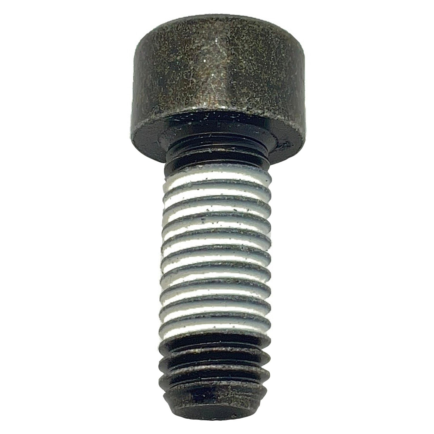 Short black metal screw with hexagonal socket head and silver threaded shaft.