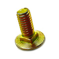 Gold-toned metal bolt with hexagonal head and wide ridged washer base.