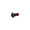 Black metal screw with red thread-locking compound on threaded shaft and round head.