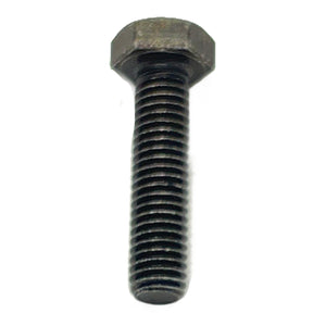 Black hex head machine screw with coarse threads, metal construction, medium length.