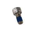 Short silver metal battery screw with blue thread locker on lower half and cylindrical head.
