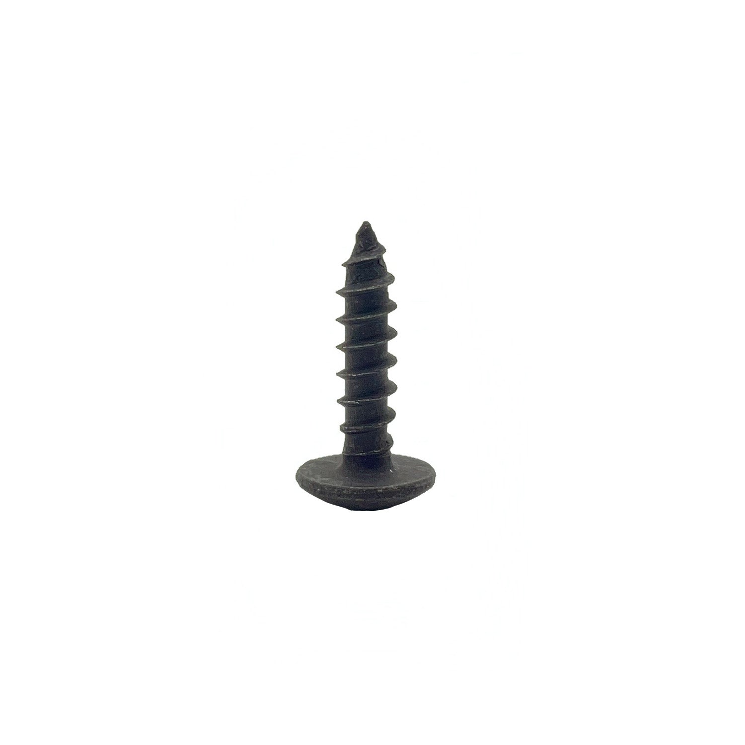 Black metal screw with flat broad head and coarse threading.