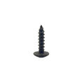 Black metal screw with flat broad head and coarse threading.