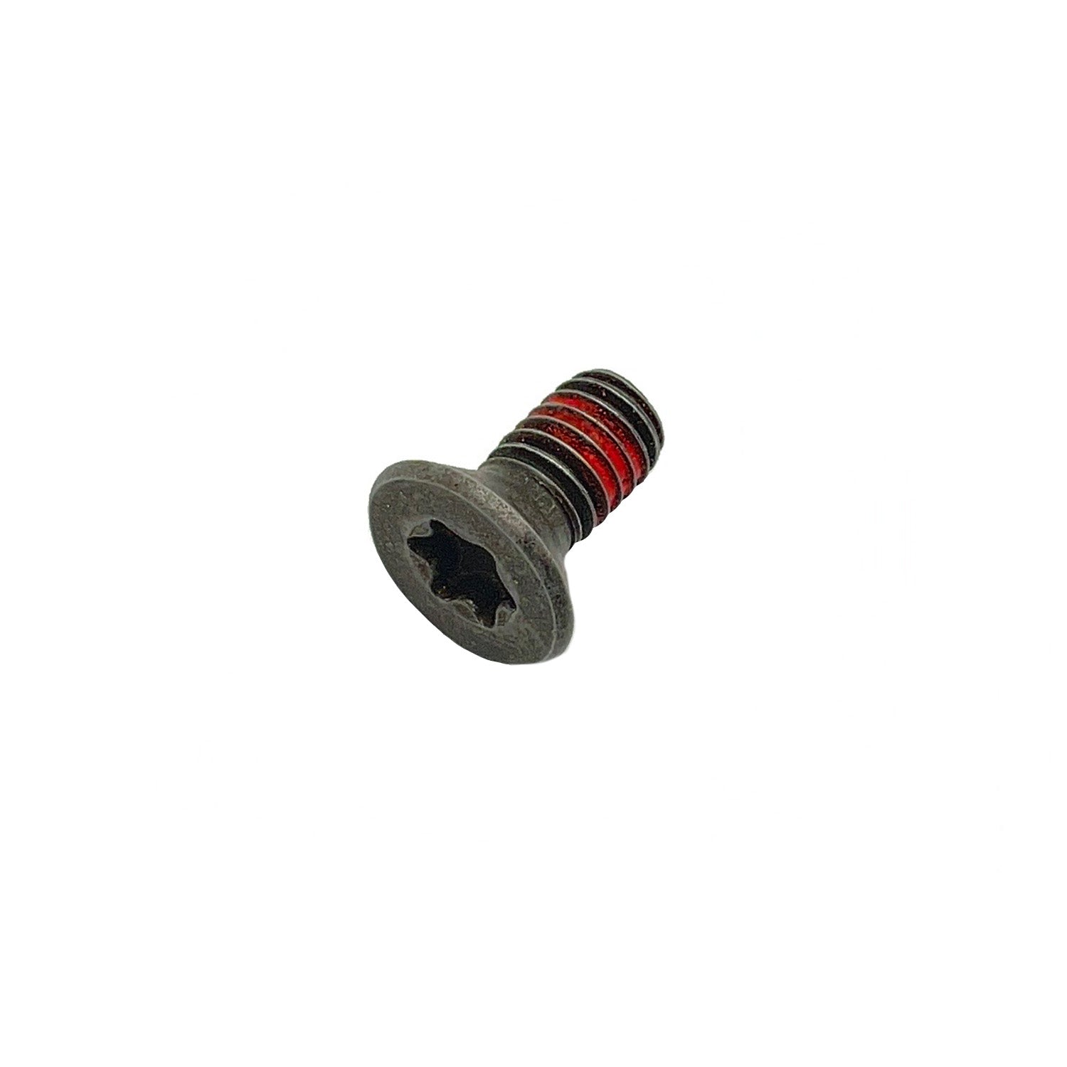 Black M6x12 flat head screw with Phillips drive and red thread locker coating.