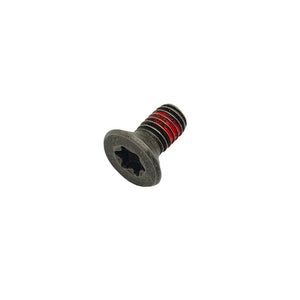 Black M6x12 flat head screw with Phillips drive and red thread locker coating.