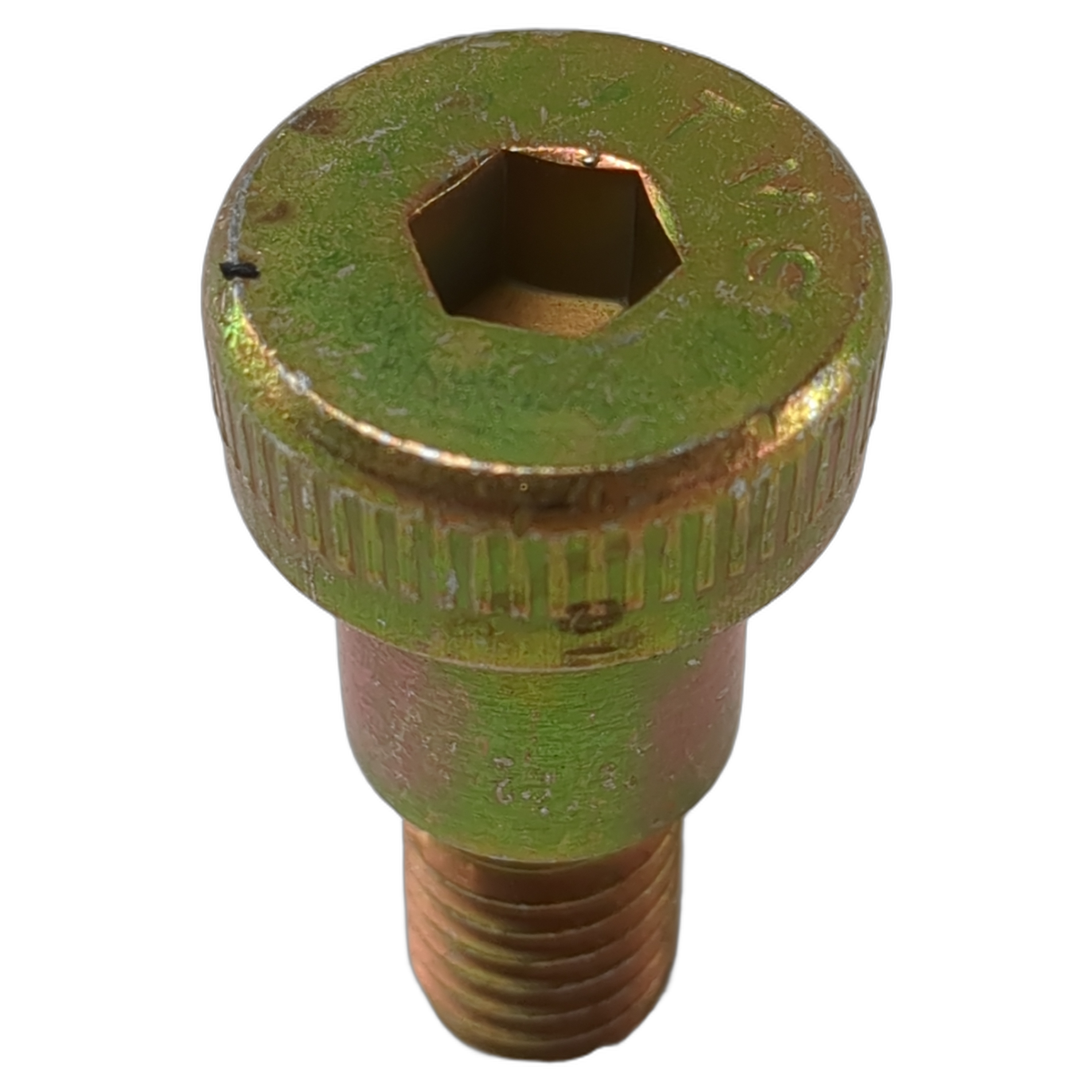 Gold-toned metal shoulder bolt with hex socket head and threaded shaft.
