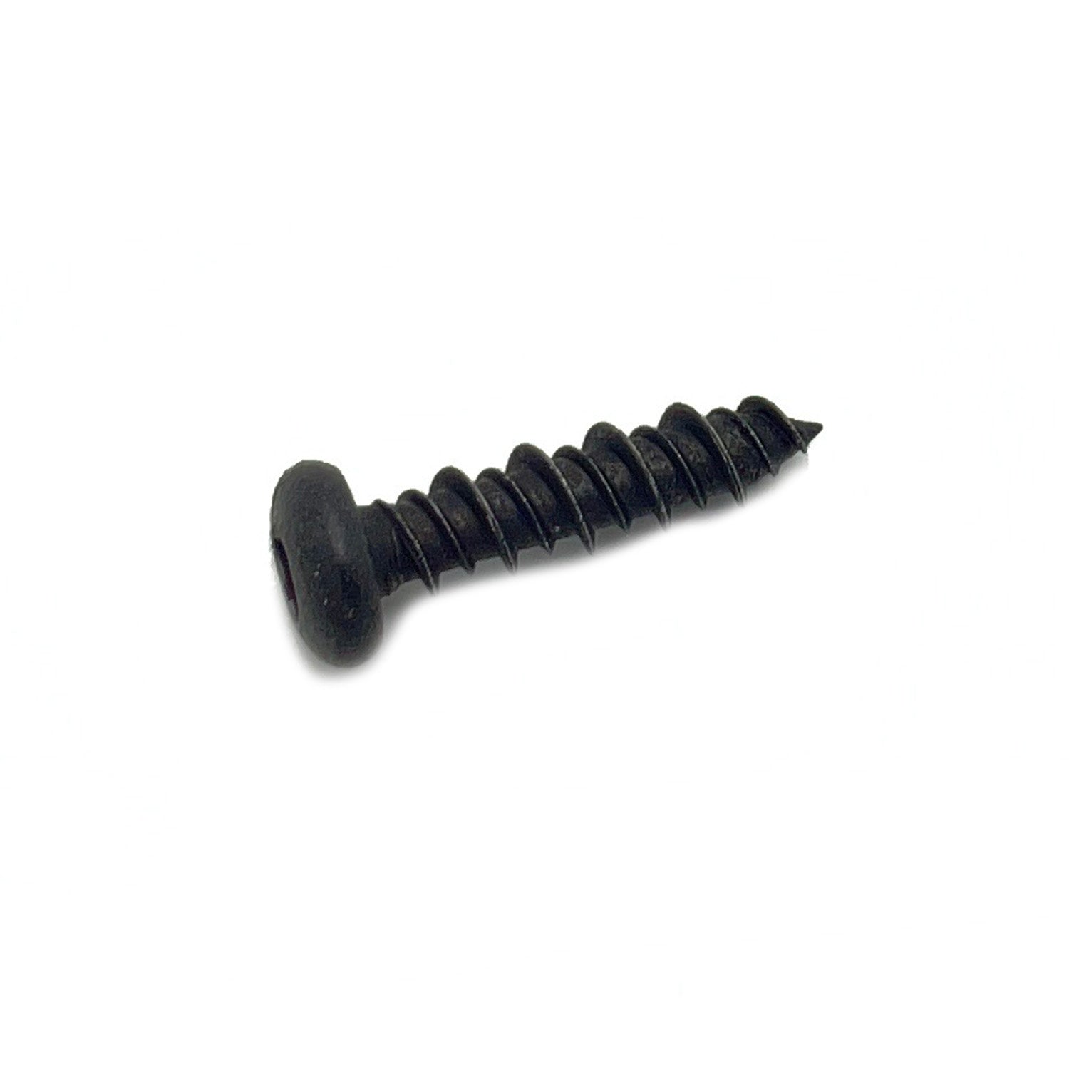 Black metal screw with round flat head and coarse threading designed for heavy-duty fastening.