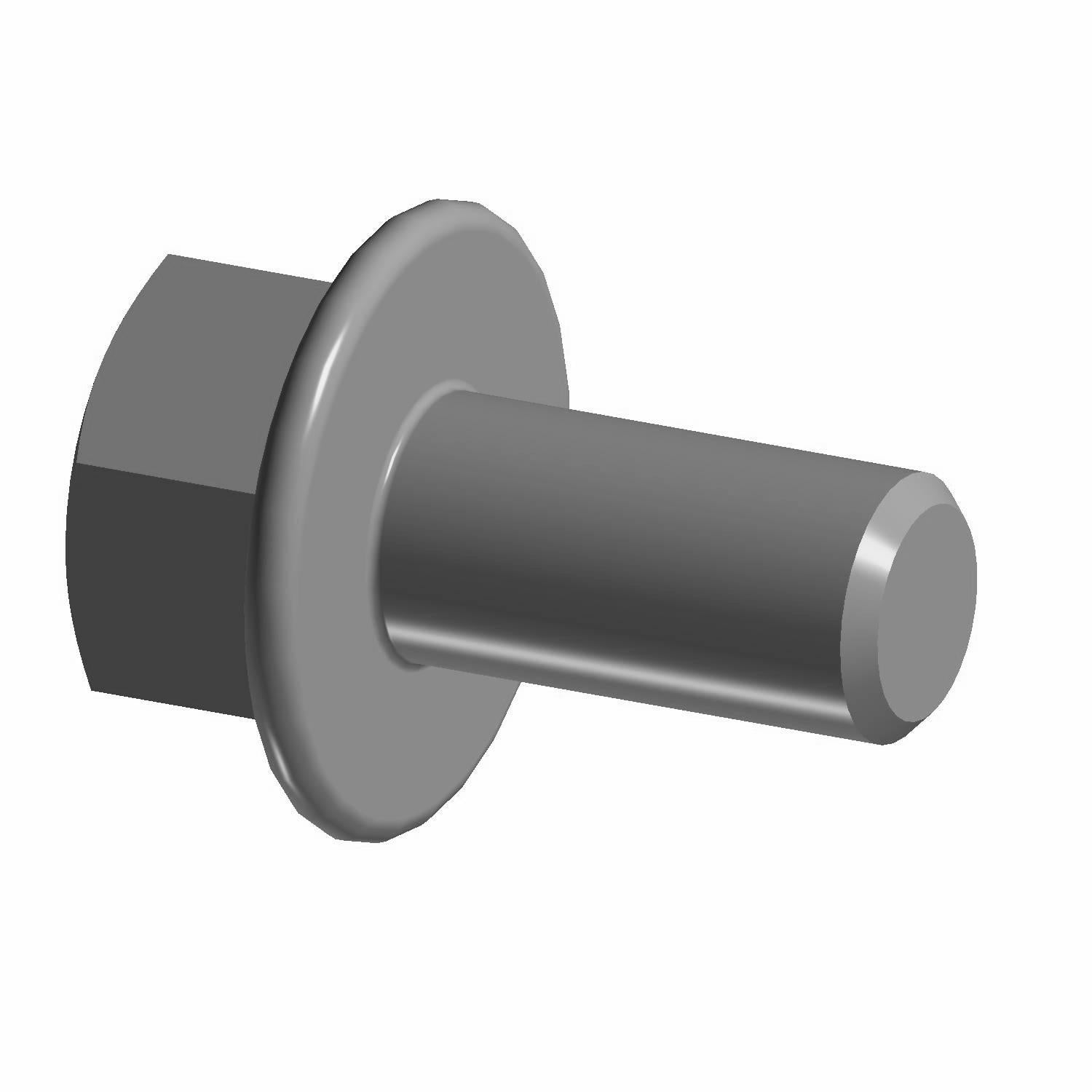 Gray metal hex head screw with wide flat washer and short threaded shaft.