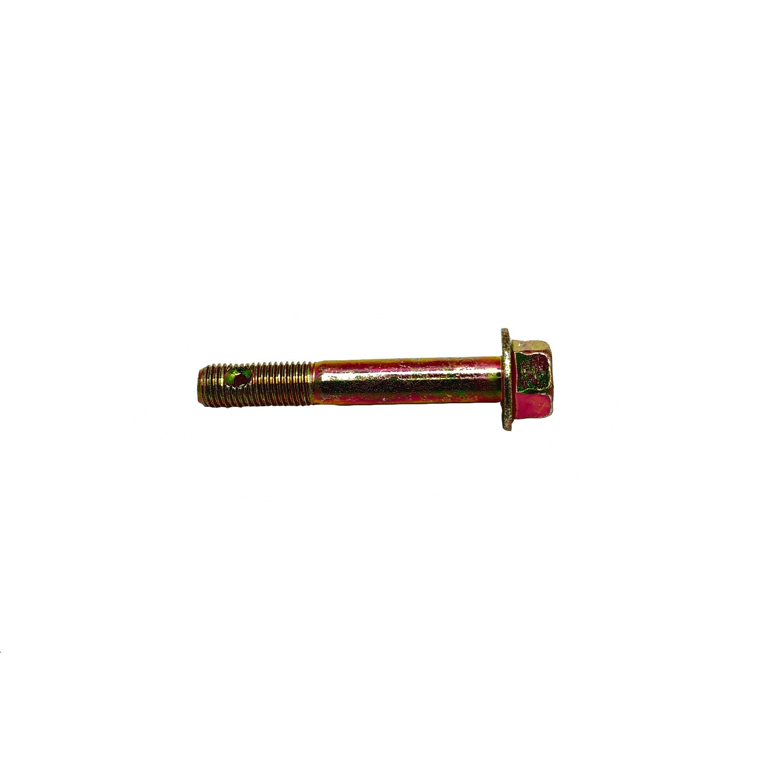 Metal bolt with hexagonal head and partially threaded shaft, gold-toned finish.