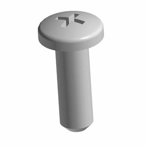 Gray metal screw with a flat, rounded head and a cross-shaped Phillips drive slot.