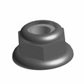 Metallic hexagonal Nylok insert nut with flange and threaded center hole, silver-gray finish.