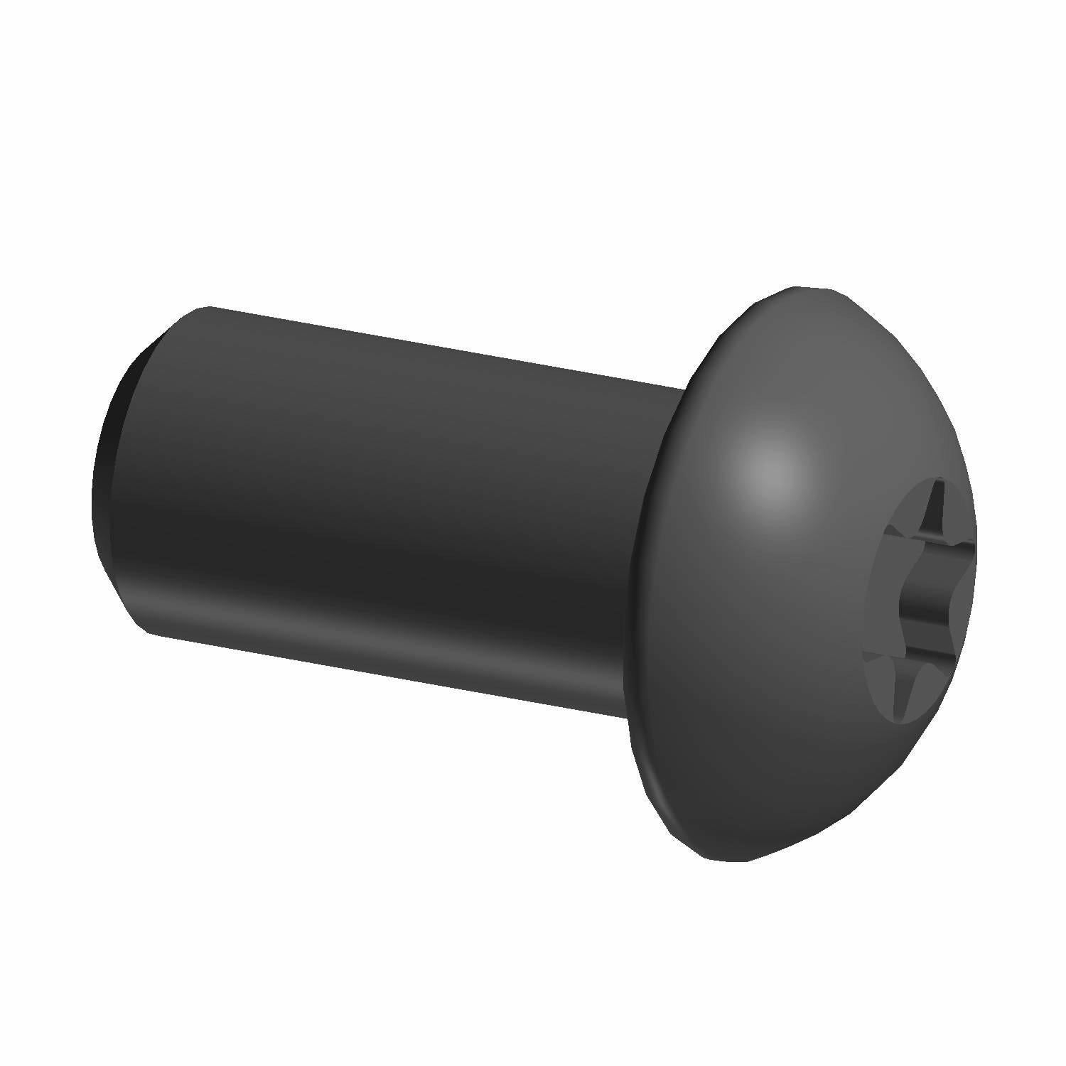 Black metal screw with wide rounded flat head and Phillips drive slot.