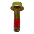 Gold-toned M10x1.50x35 hex bolt with flange and red threadlocker on threaded shaft.