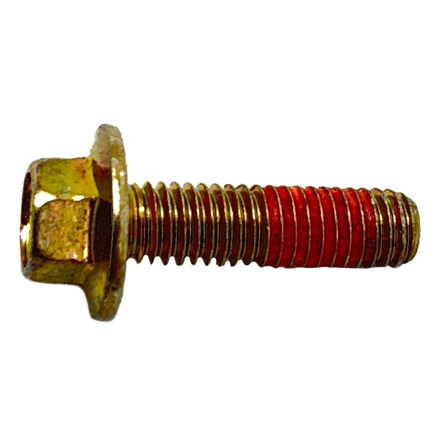 Gold-toned metal hex flange head screw with coarse threading and red threadlocker applied.