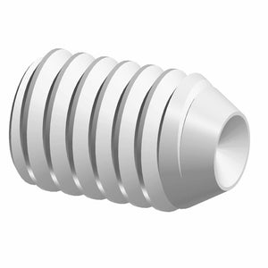 Silver metallic M4 set screw with a threaded cylindrical body and a conical tip.