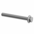 Silver metal hex bolt with flat washer, long and cylindrical shaft.
