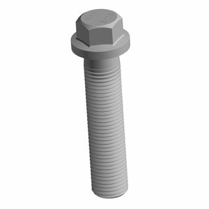 Gray metal hex head screw with threaded shaft and integrated washer base.