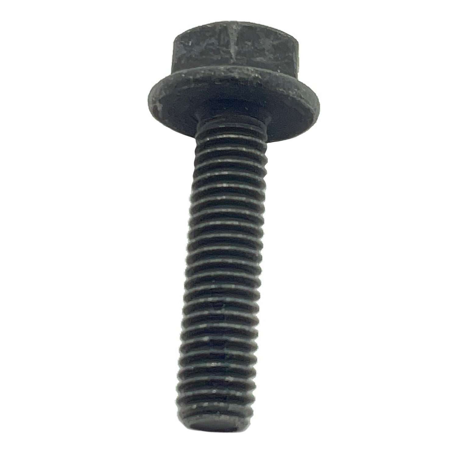 Black threaded hex flange bolt with partially threaded shaft and flat washer head.