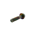 Metal bolt with a threaded shaft and round head, featuring a slightly iridescent finish.