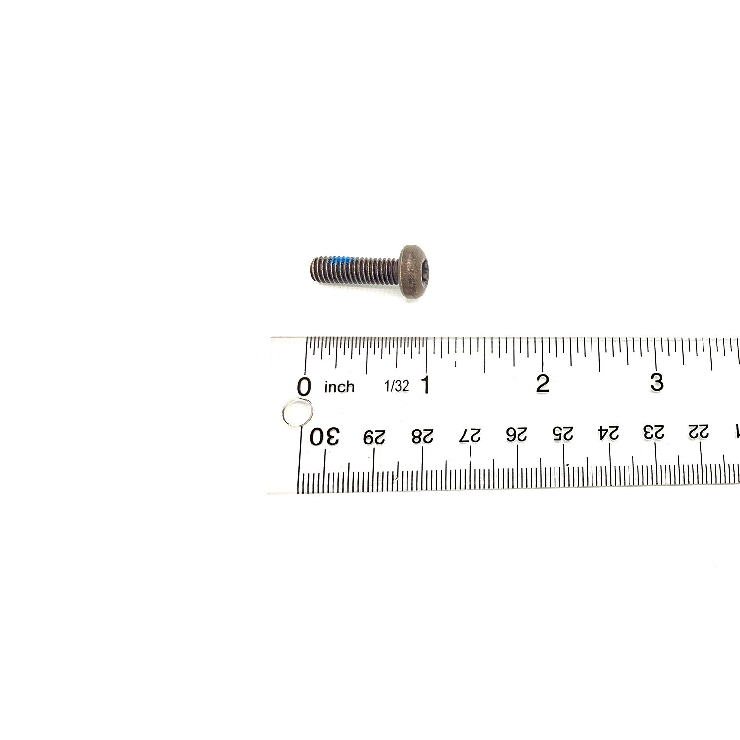 Short silver metal bolt with flat head and blue threadlocker on threads, next to ruler showing 20mm length.