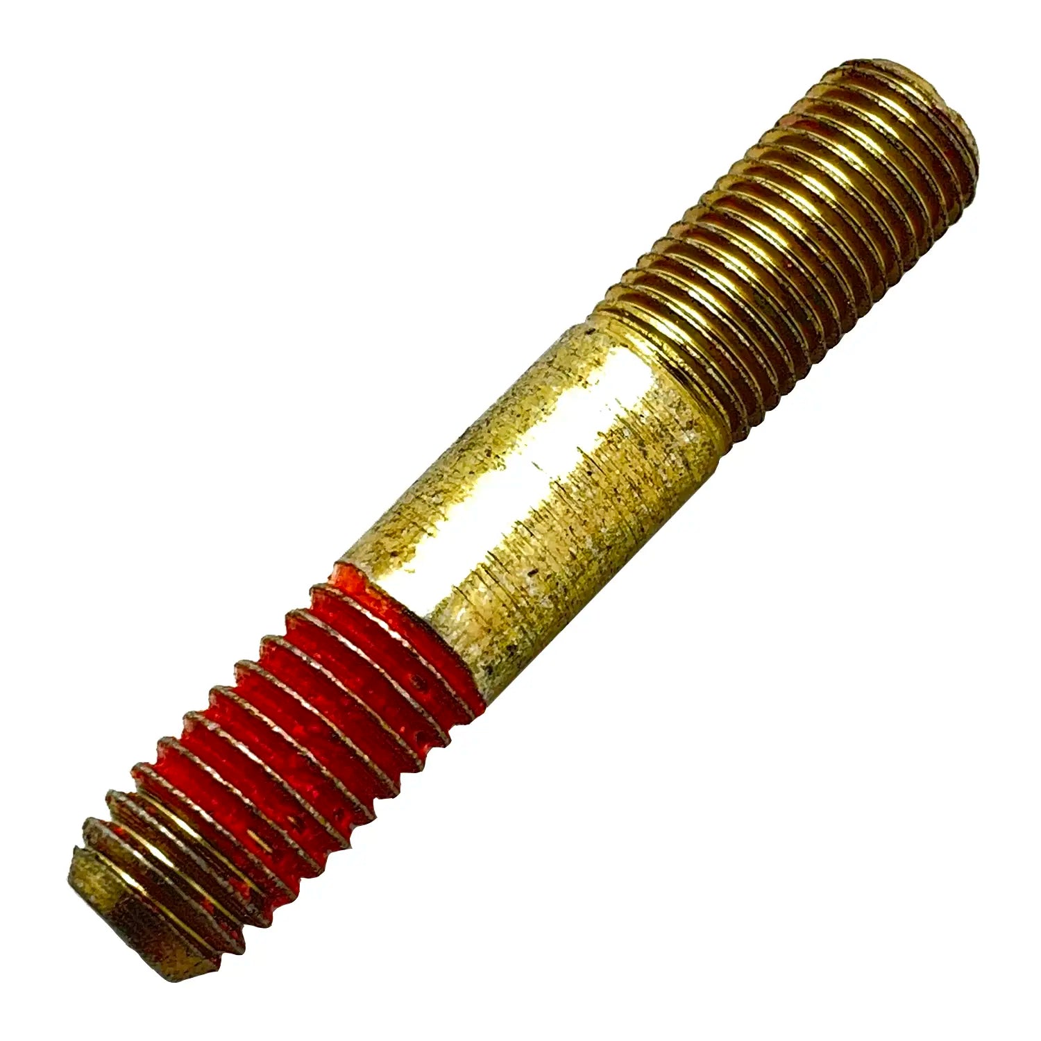 Metal crankcase mount stud with threaded ends, one coated in red threadlocker.
