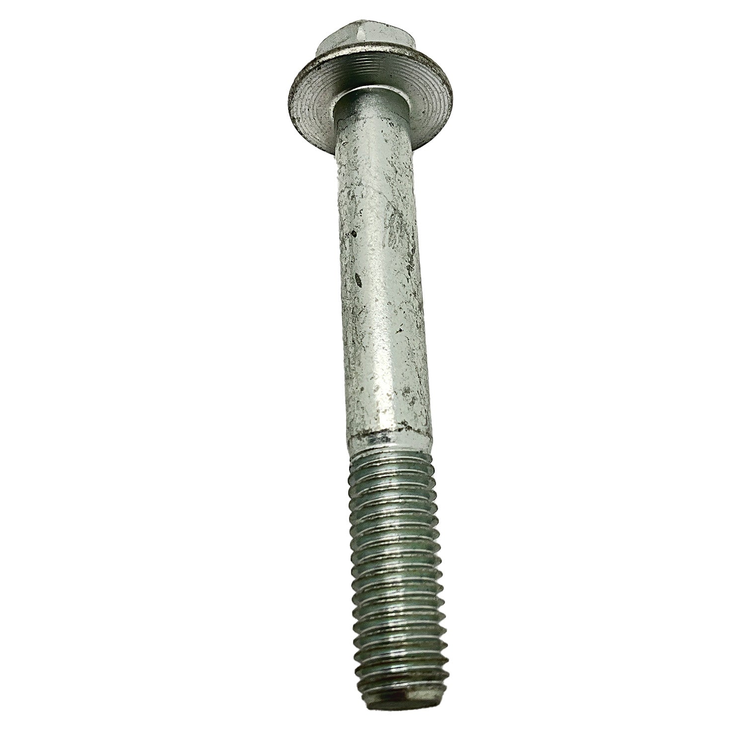 Silver metal screw with partially threaded shaft and round head.