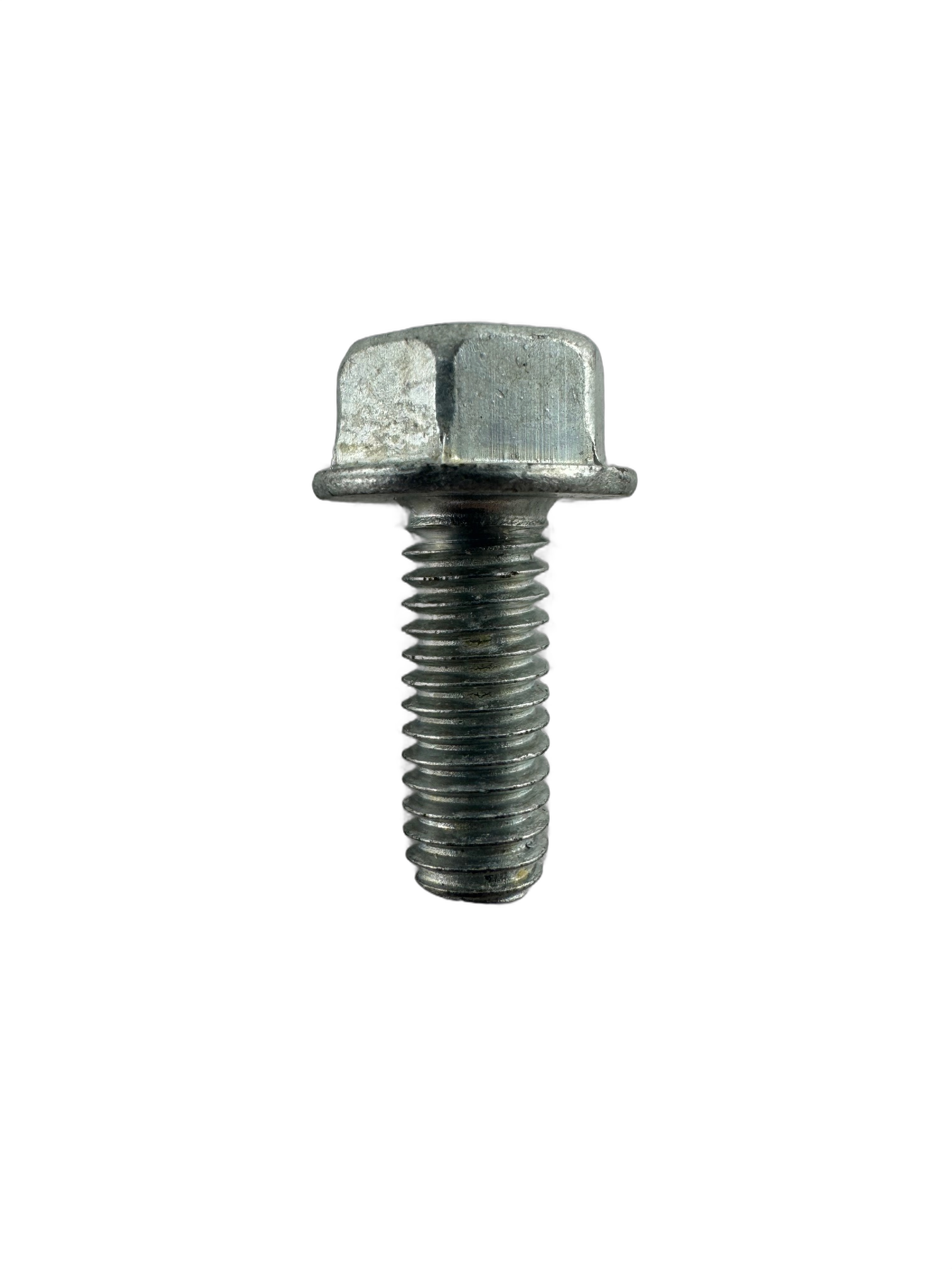 A close-up of a single Sprocket Screw by Polaris, featuring a partially threaded shaft and built-in washer, similar to Victory Polaris parts, isolated on a white background.
