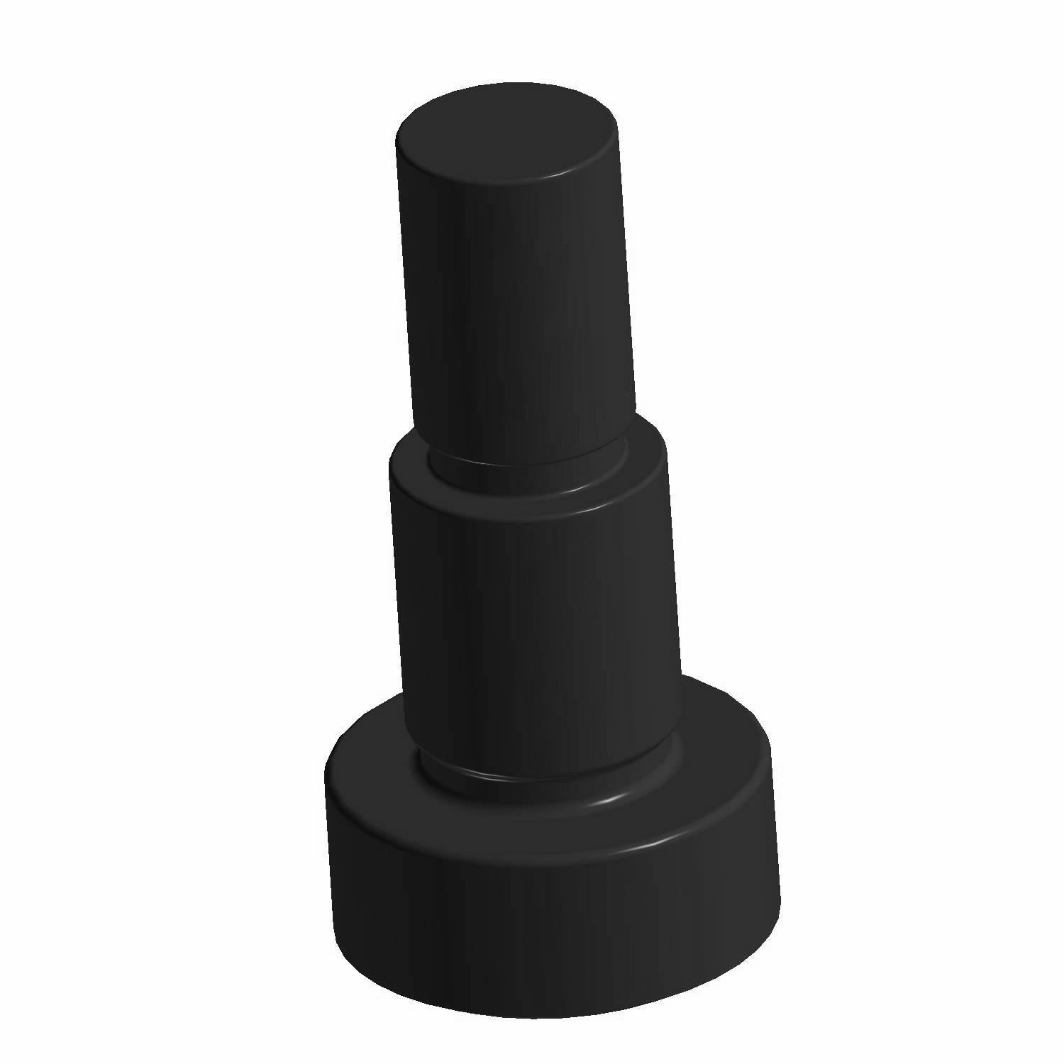 Black cylindrical shoulder bolt with stepped shaft and wide flat head, metal finish.